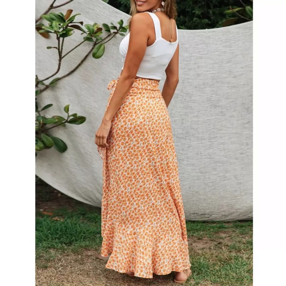 Orange Boho Floral Maxi Ruffle Wrap Skirt - Picture 3 of 6